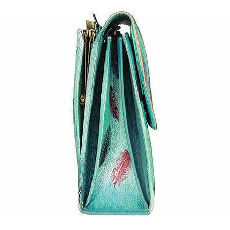 Anuschka Premium Leather Triple Compartment Crossbody Organizer / Purse / Handbag - Floating Feathers